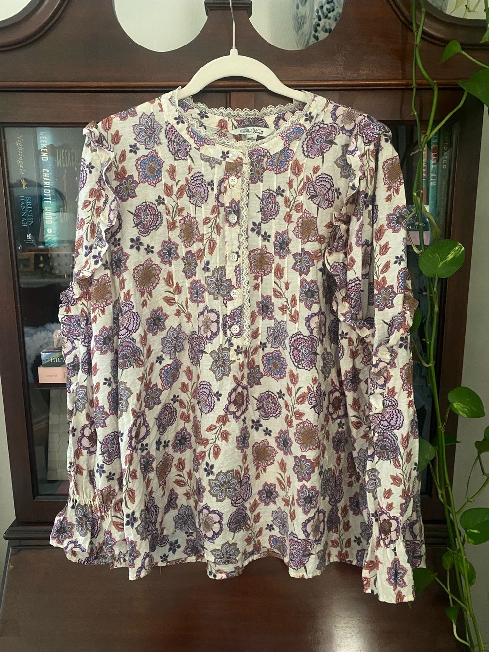 Boho Floral Long-Sleeve Top - Cream with Purple & Brown Floral Print